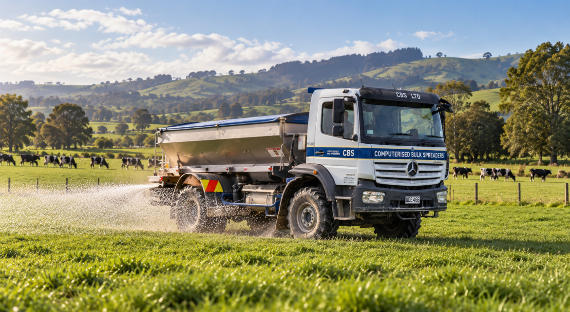 An illustration of a CB Spreaders truck working the field