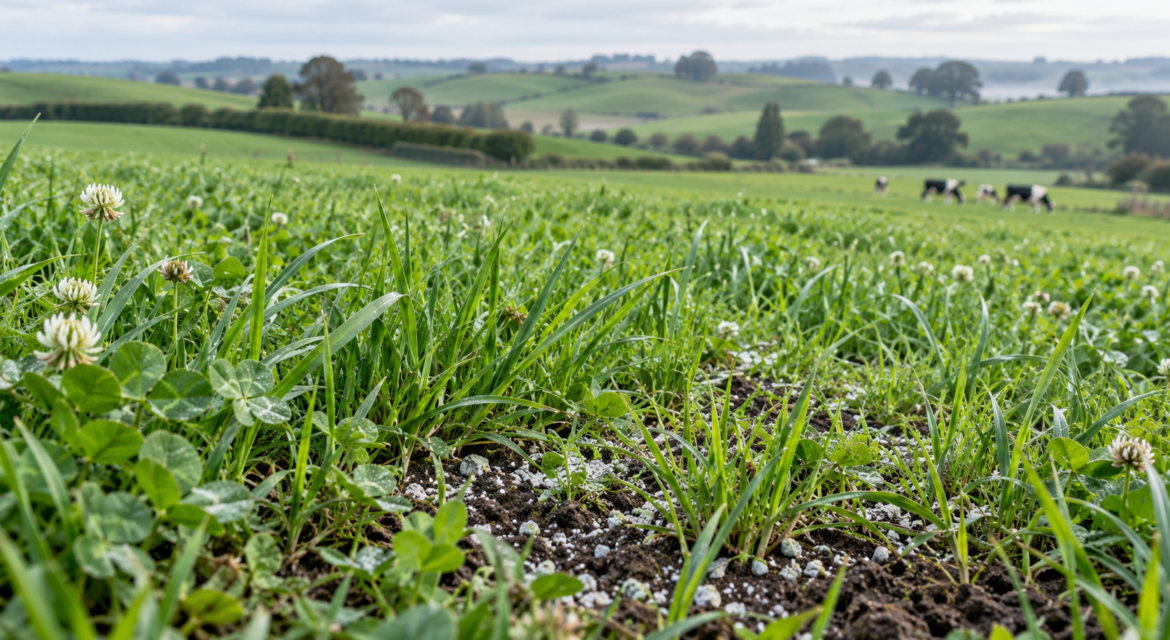 An illustration of dairy pasture with lime on it. There are dairy cows in the background.