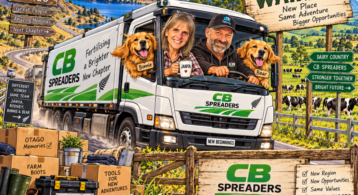 A caricature of Rodney and Janya and their dogs in a truck moving to Waikato