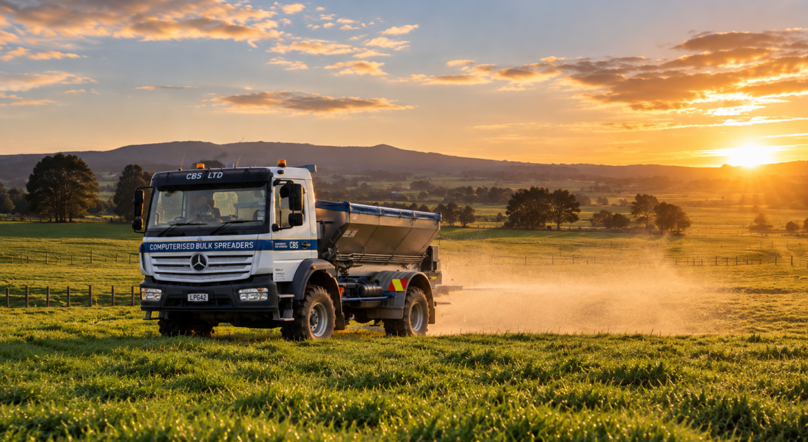 An illustration of a CB Spreaders truck appling fertiliser at golden hour