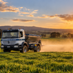 An illustration of a CB Spreaders truck appling fertiliser at golden hour